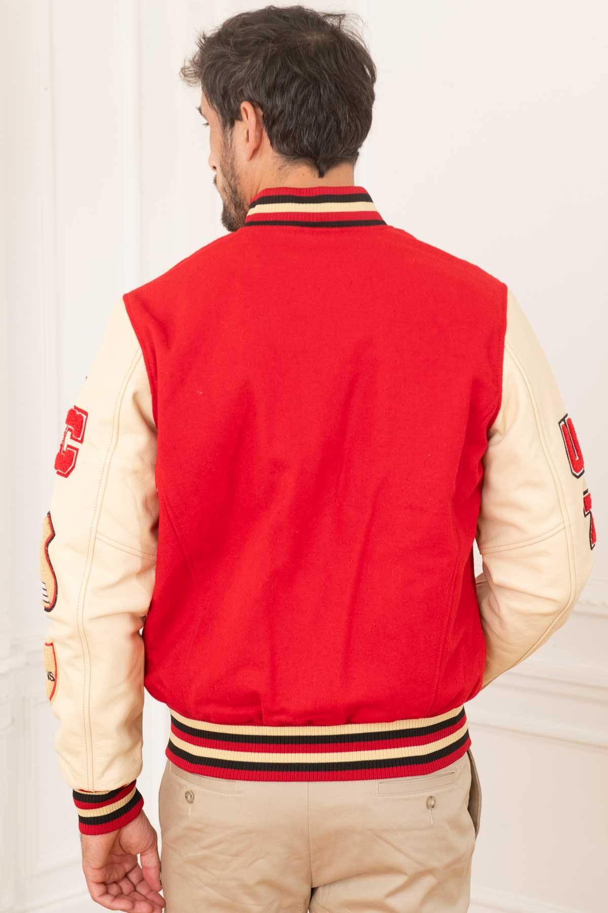 Bold red wool meets beige leather sleeves in this urban jacket. - Image n°5