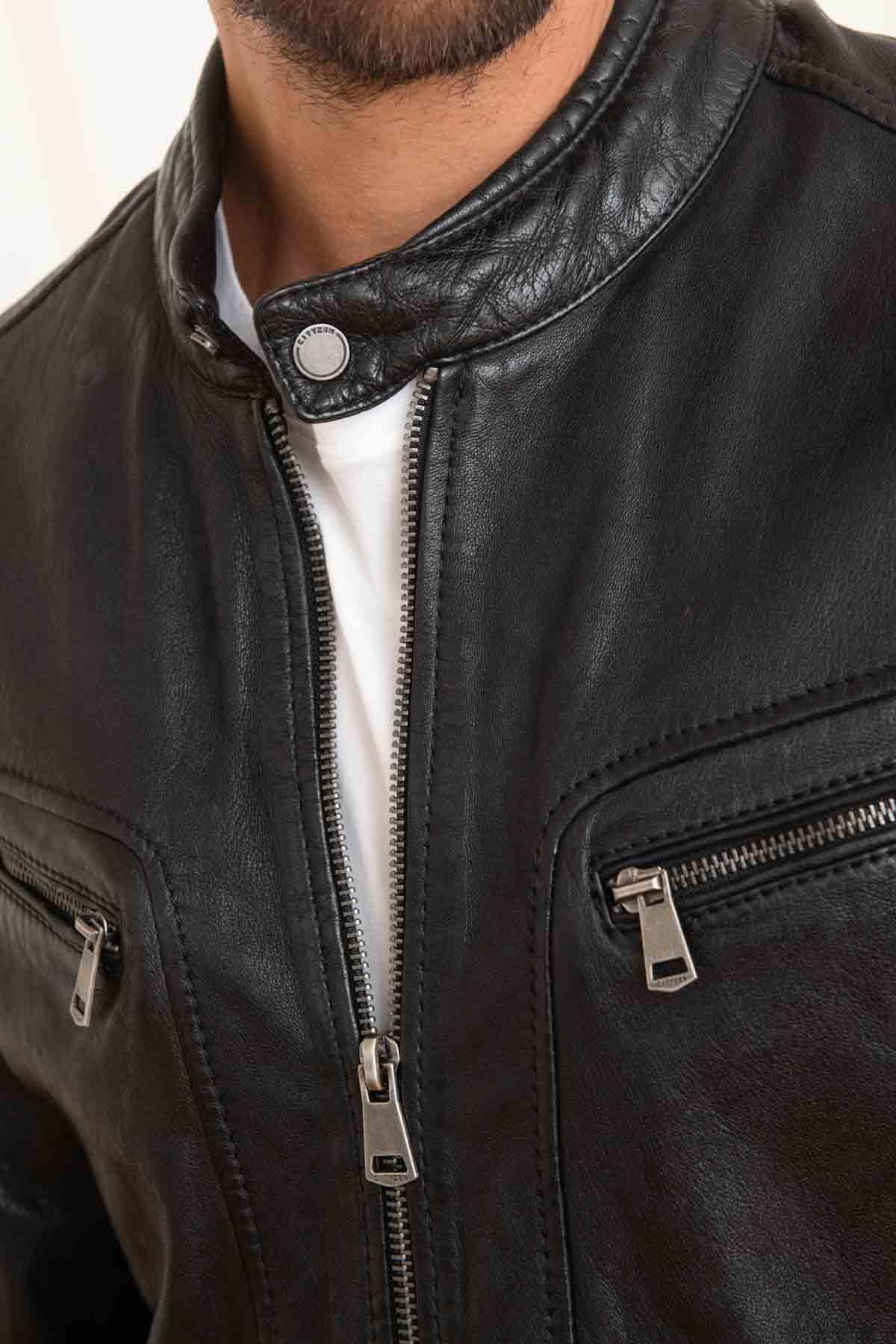 Black leather jacket with biker collar - Image n°5