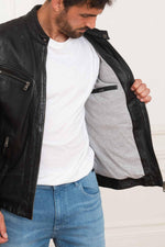 Black leather jacket with biker collar - Image n°4