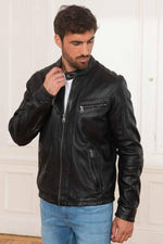 Black leather jacket with biker collar - Image n°2