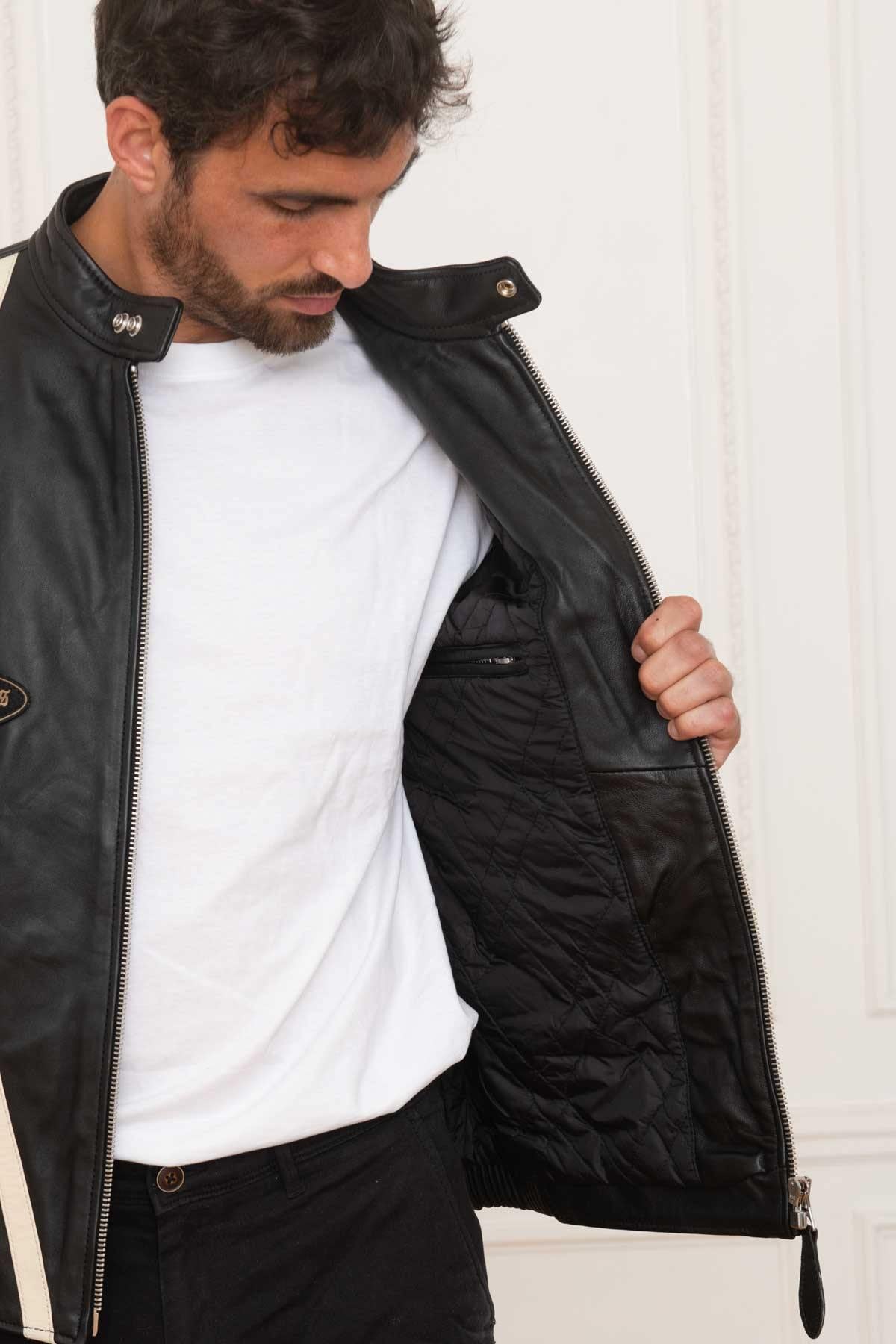 Schott's black lambskin biker jacket with a motard collar. - Image n°5