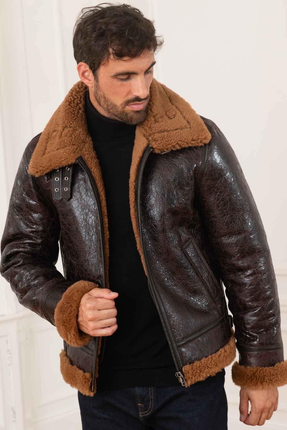Shearling-lined bomber in glossy dark brown reversed sheep leather. - Image n°1