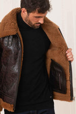 Shearling-lined bomber in glossy dark brown reversed sheep leather. - Image n°5