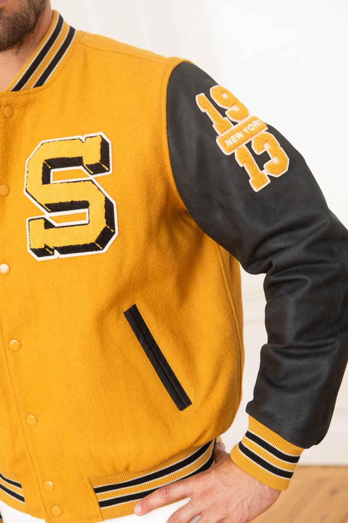 Schott's yellow cowhide varsity jacket with black leather sleeves. - Image n°6