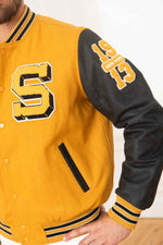 Schott's yellow cowhide varsity jacket with black leather sleeves. - Image n°6