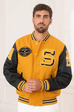 Schott's yellow cowhide varsity jacket with black leather sleeves. - Image n°3