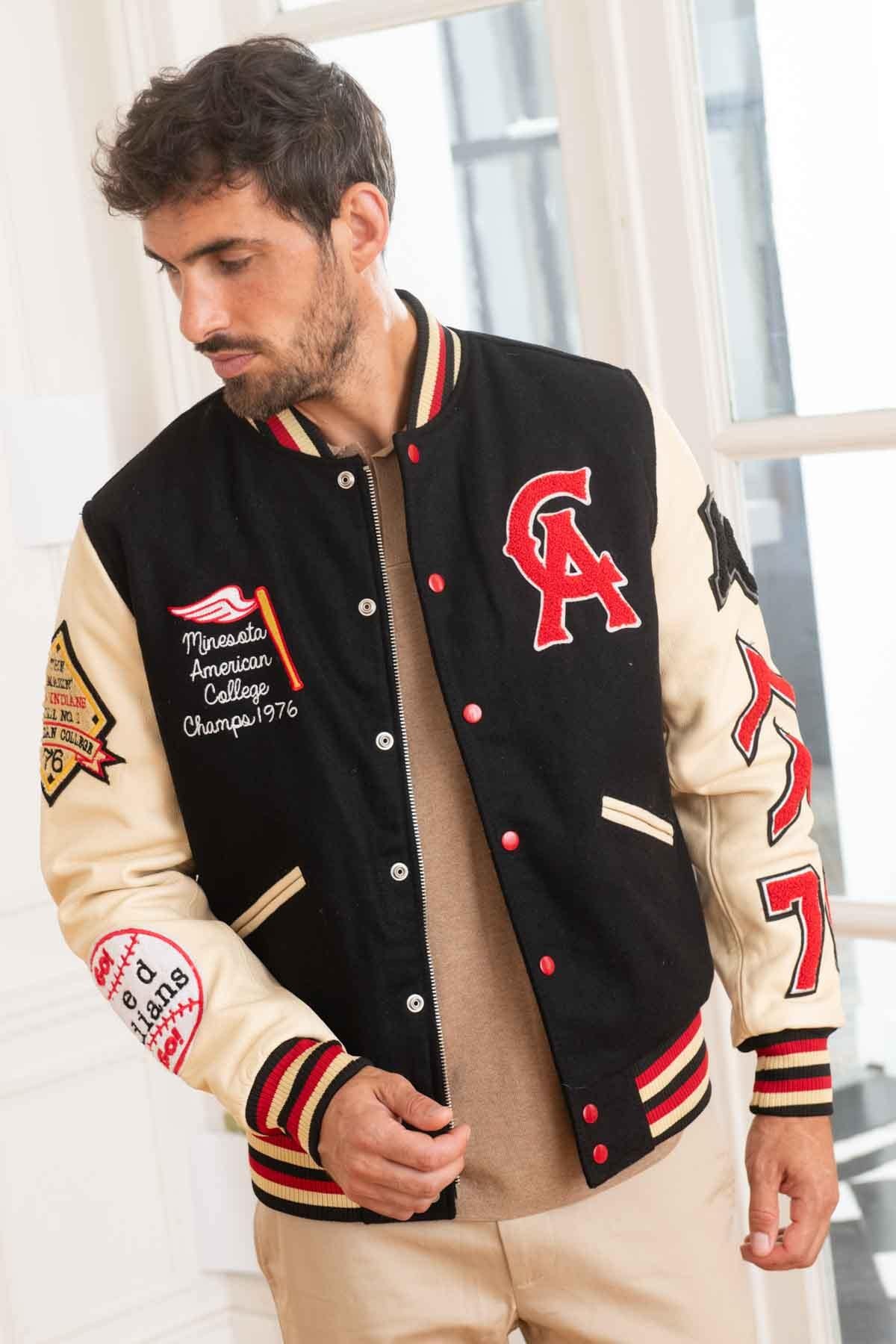Black wool and beige leather varsity jacket for a sporty look. - Image n°3
