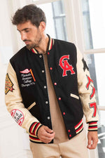 Black wool and beige leather varsity jacket for a sporty look. - Image n°3