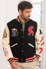 Black wool and beige leather varsity jacket for a sporty look. - Image n°4