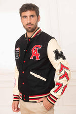 Black wool and beige leather varsity jacket for a sporty look. - Image n°1