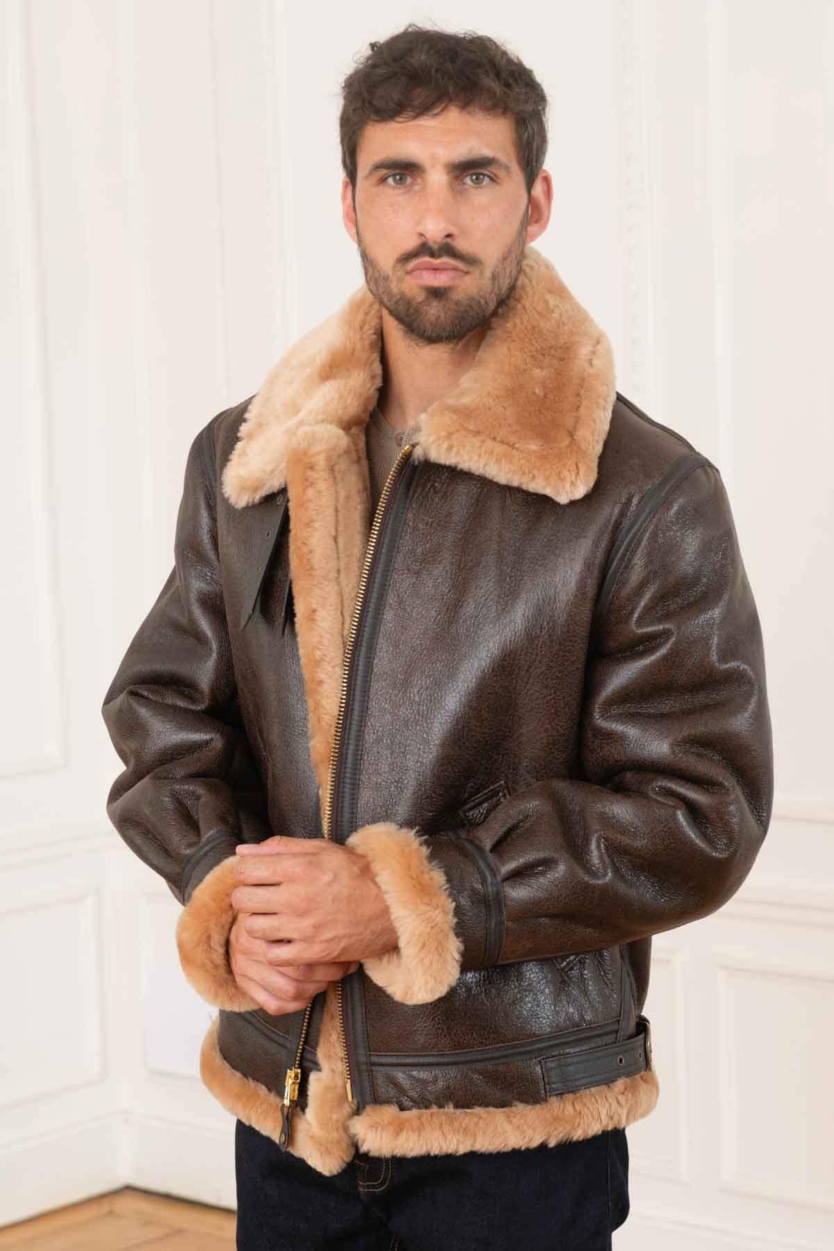 Schott's B-3 aviator in rich brown gold shearling, built for winter. - Image n°2