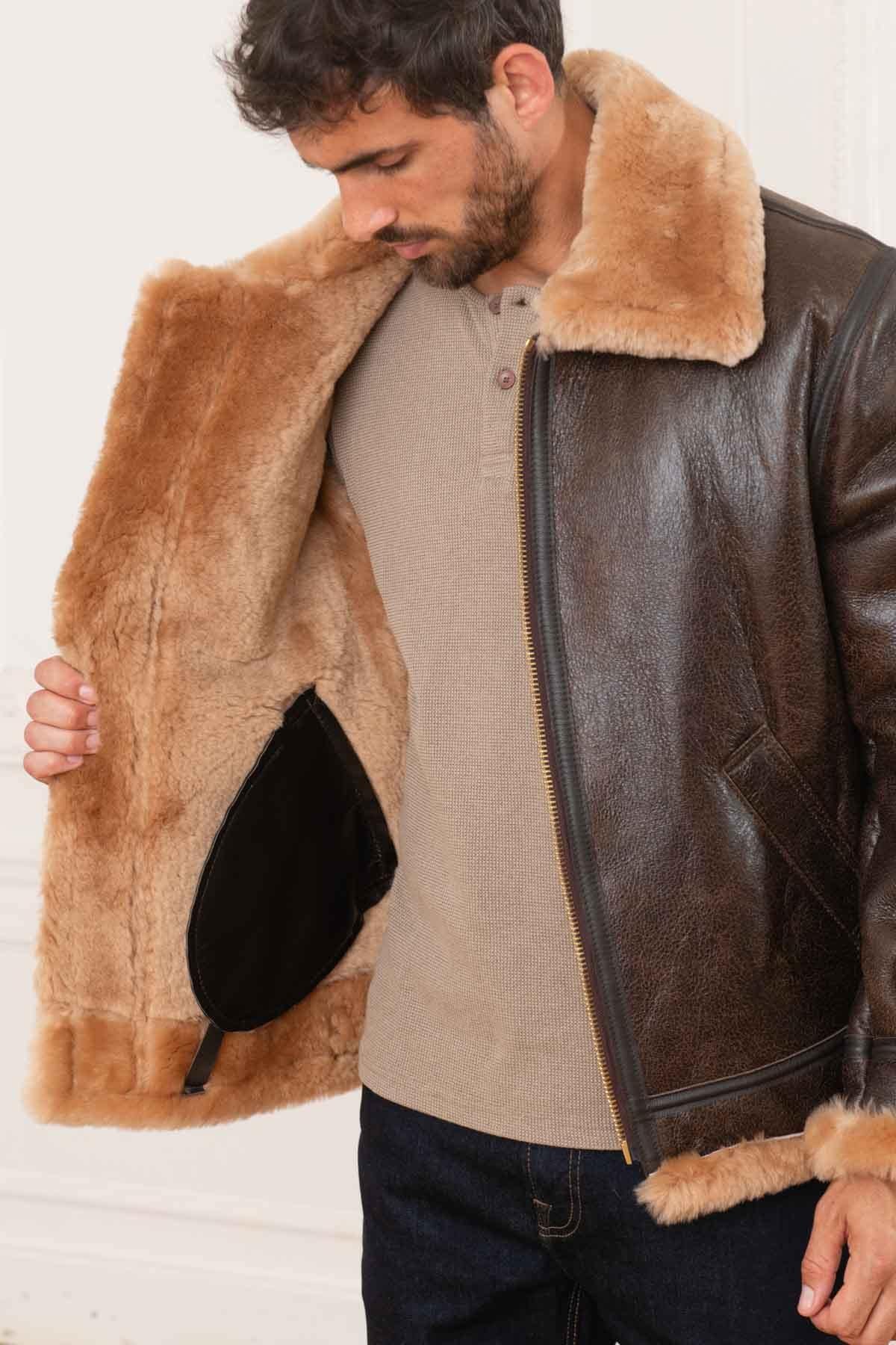 Schott's B-3 aviator in rich brown gold shearling, built for winter. - Image n°5
