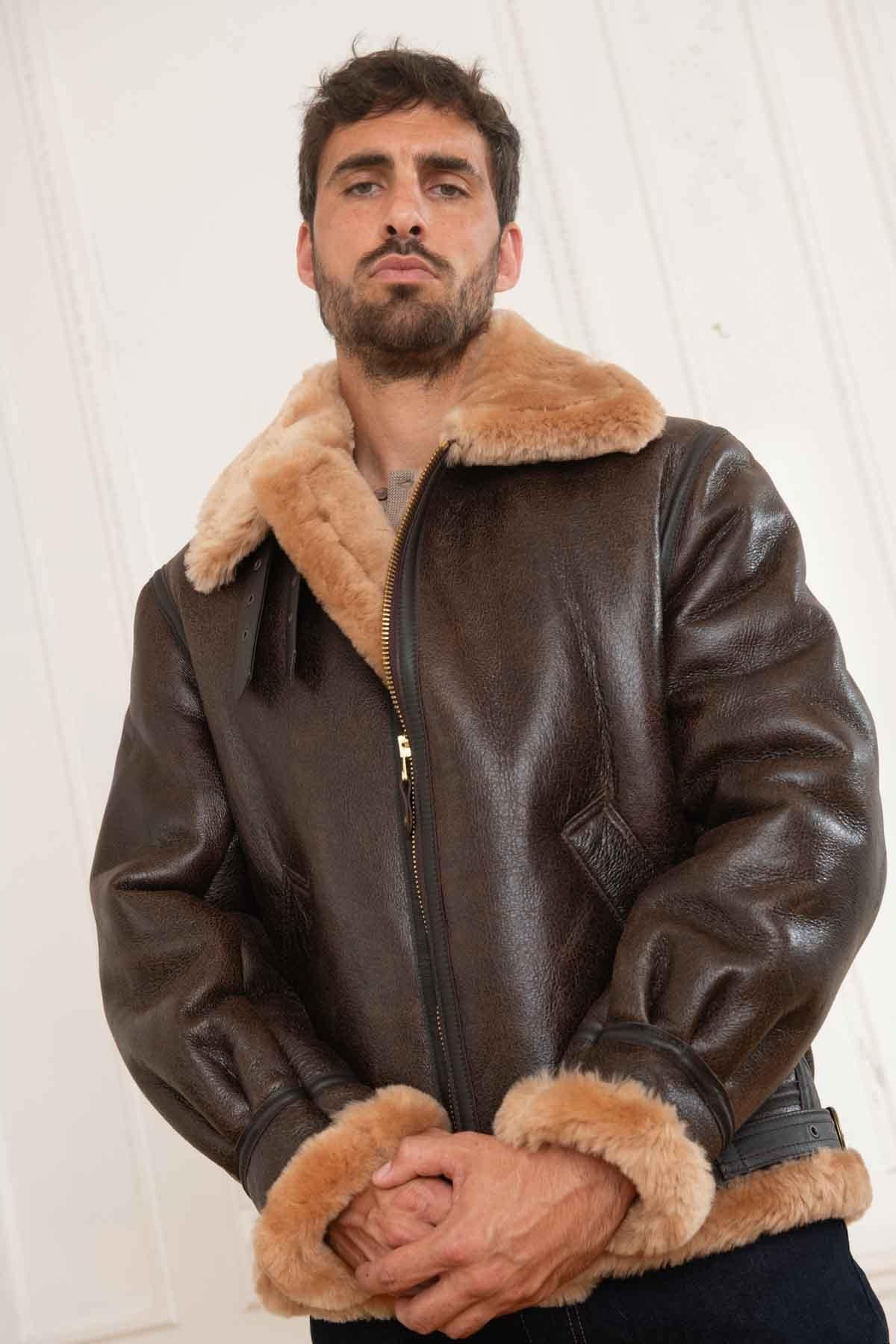 Schott's B-3 aviator in rich brown gold shearling, built for winter. - Image n°6