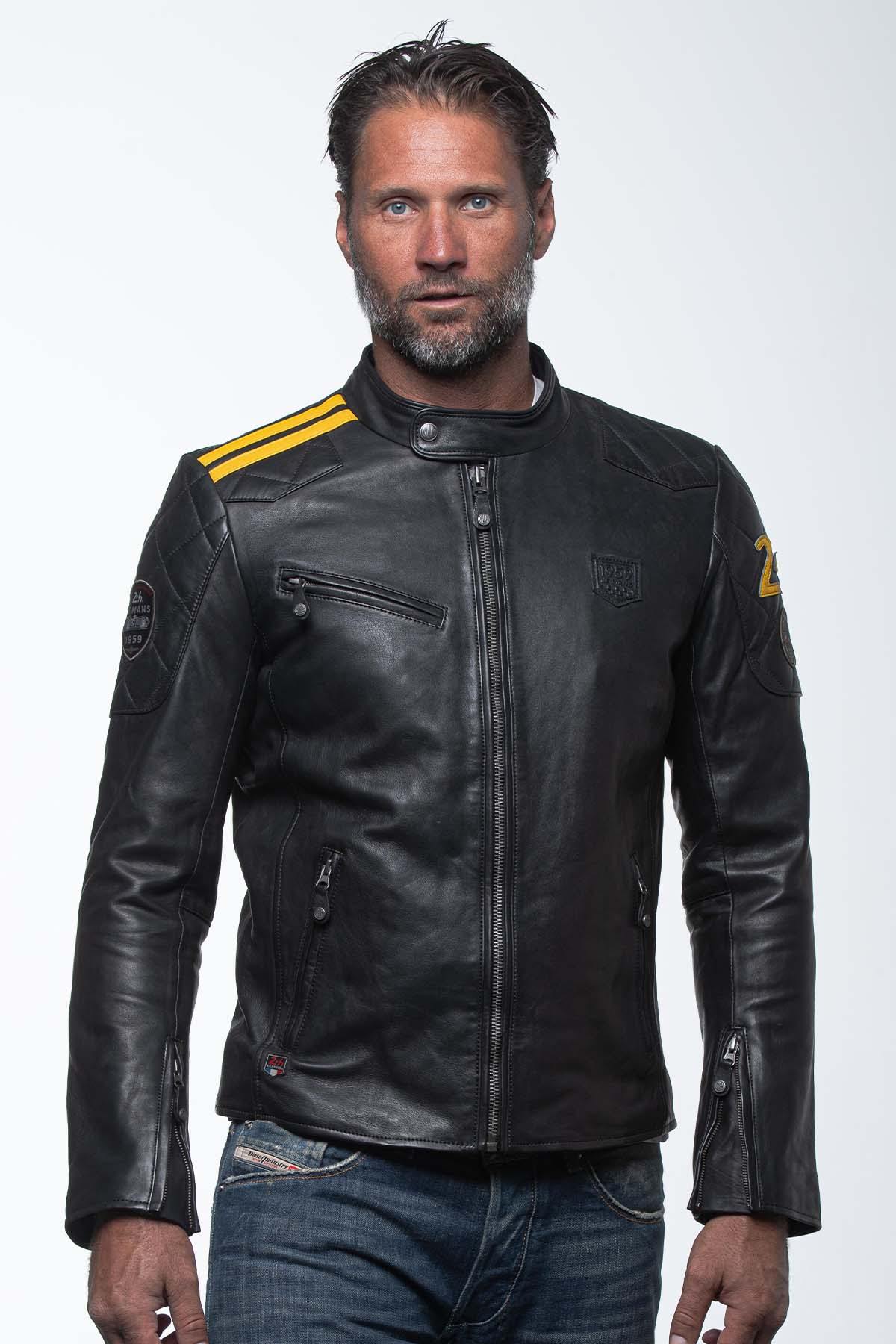 Men's black and yellow leather jacket with biker collar - Image n°6