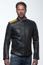 Men's black and yellow leather jacket with biker collar - Image n°6