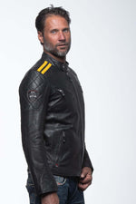Men's black and yellow leather jacket with biker collar - Image n°1