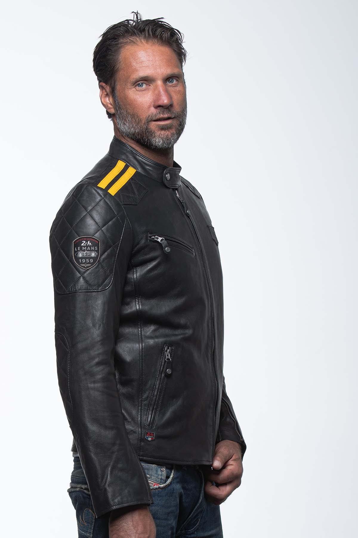 Sheepskin leather jacket in black, bold yellow accents, 24h du Mans. - Image n°1
