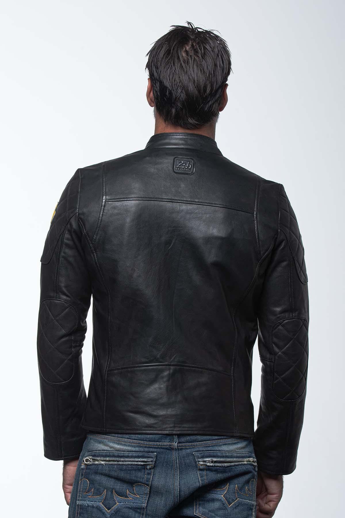 Sheepskin leather jacket in black, bold yellow accents, 24h du Mans. - Image n°3