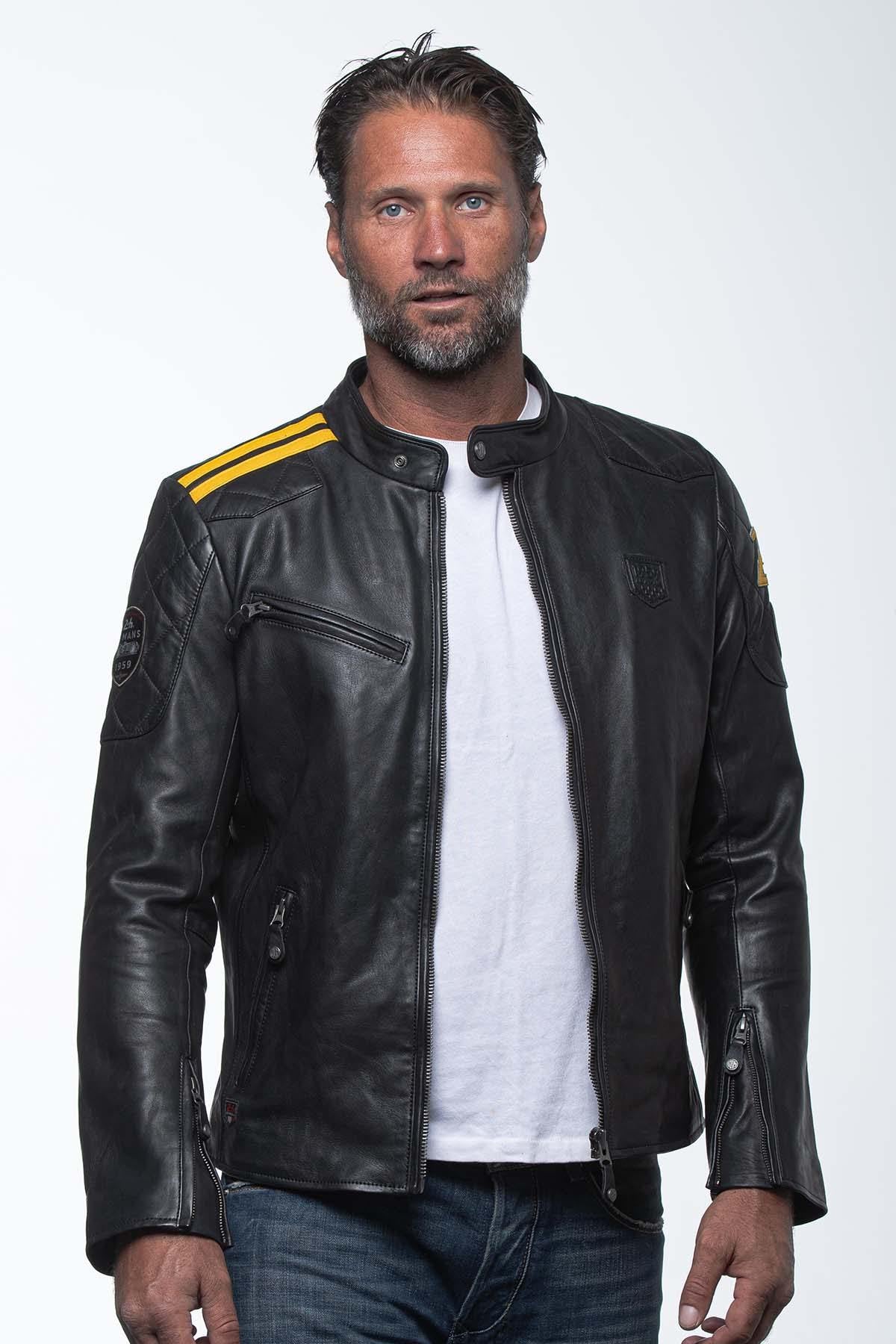 Sheepskin leather jacket in black, bold yellow accents, 24h du Mans. - Image n°4