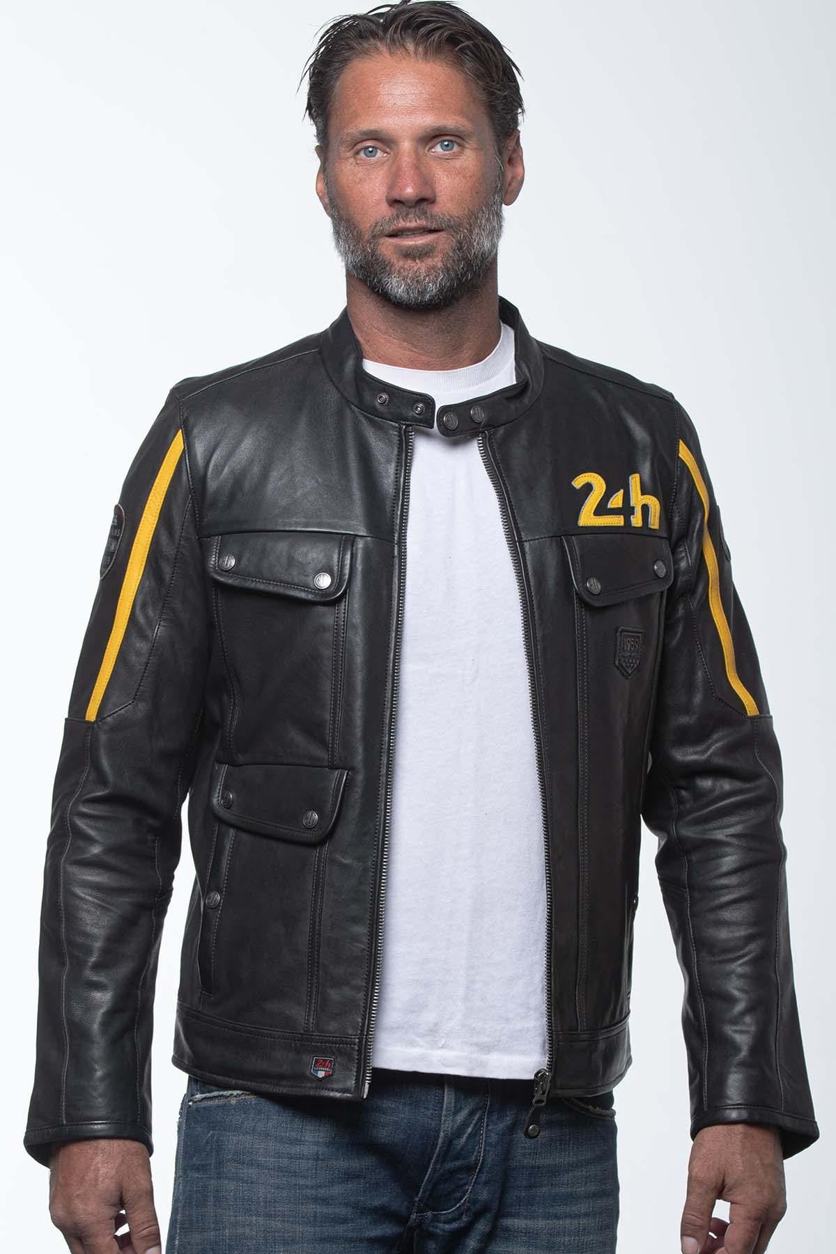 Sheep leather jacket in black/banana yellow with biker collar. - Image n°1