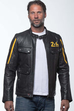 Sheep leather jacket in black/banana yellow with biker collar. - Image n°1