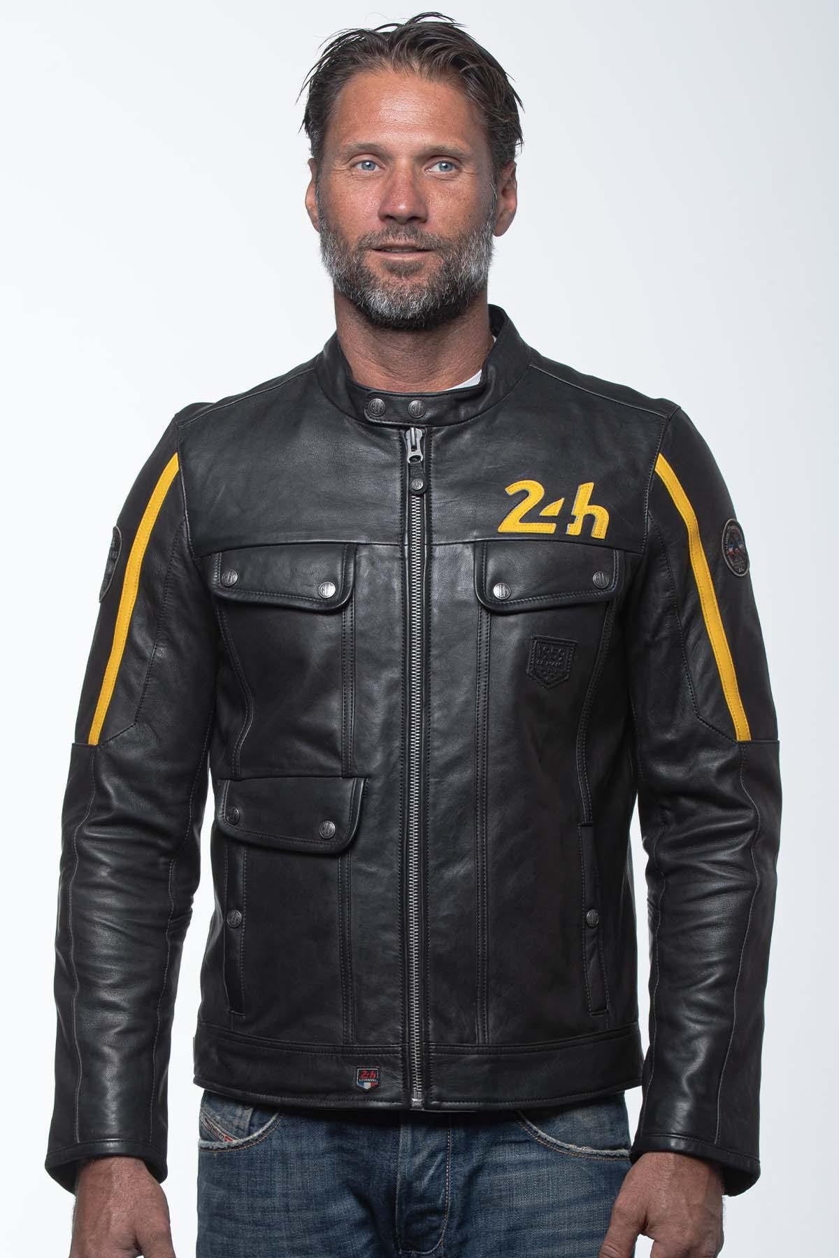 Sheep leather jacket in black/banana yellow with biker collar. - Image n°5