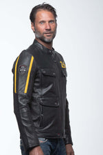Sheep leather jacket in black/banana yellow with biker collar. - Image n°3