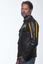 Black and yellow biker collar leather jacket with pockets - Image n°6