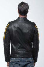 Sheep leather jacket in black/banana yellow with biker collar. - Image n°2