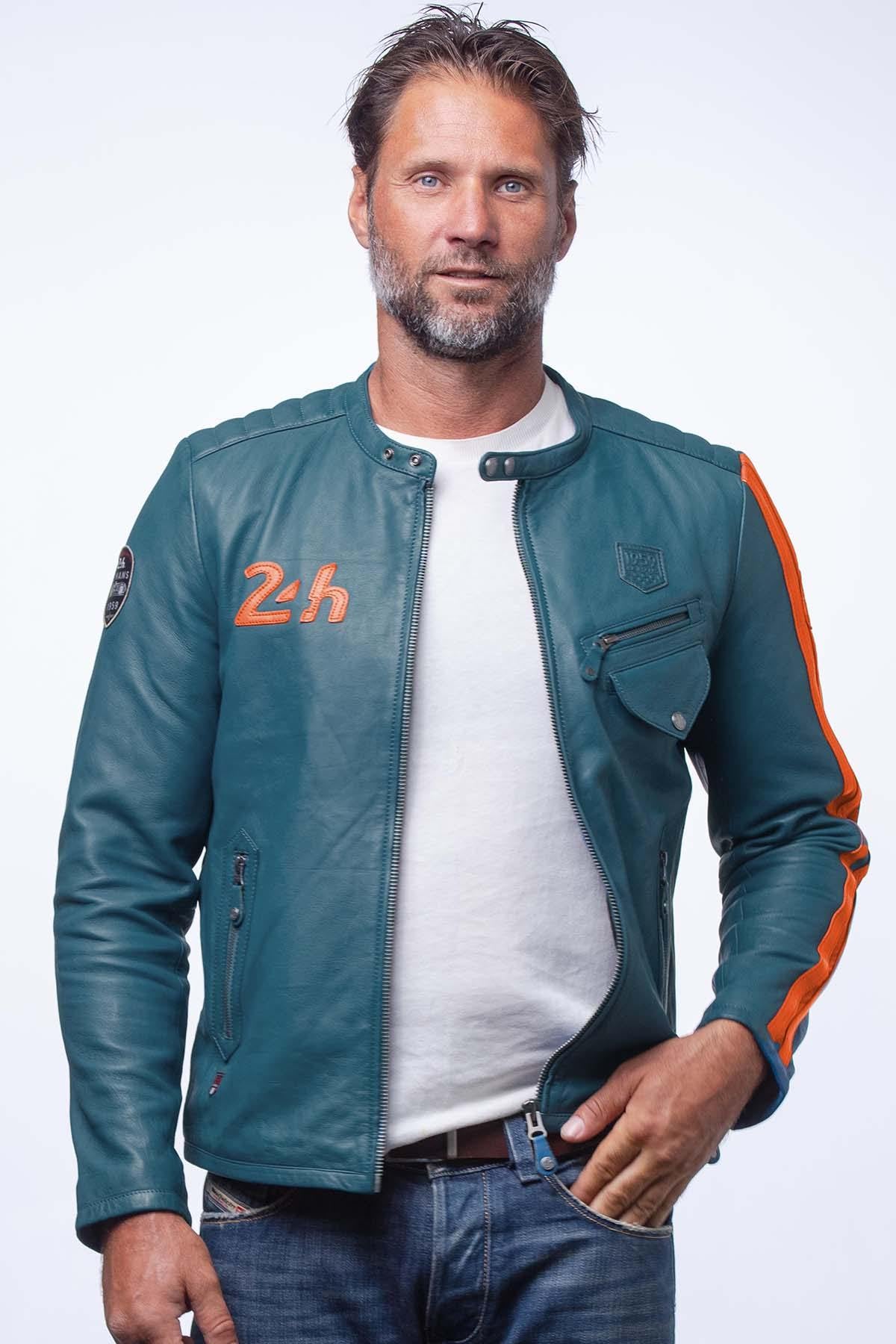 Lambskin biker jacket: royal blue, orange details, quilted shoulders. - Image n°1