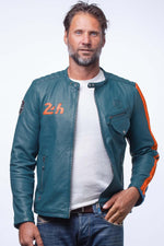 Lambskin biker jacket: royal blue, orange details, quilted shoulders. - Image n°1