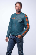 Lambskin biker jacket: royal blue, orange details, quilted shoulders. - Image n°2