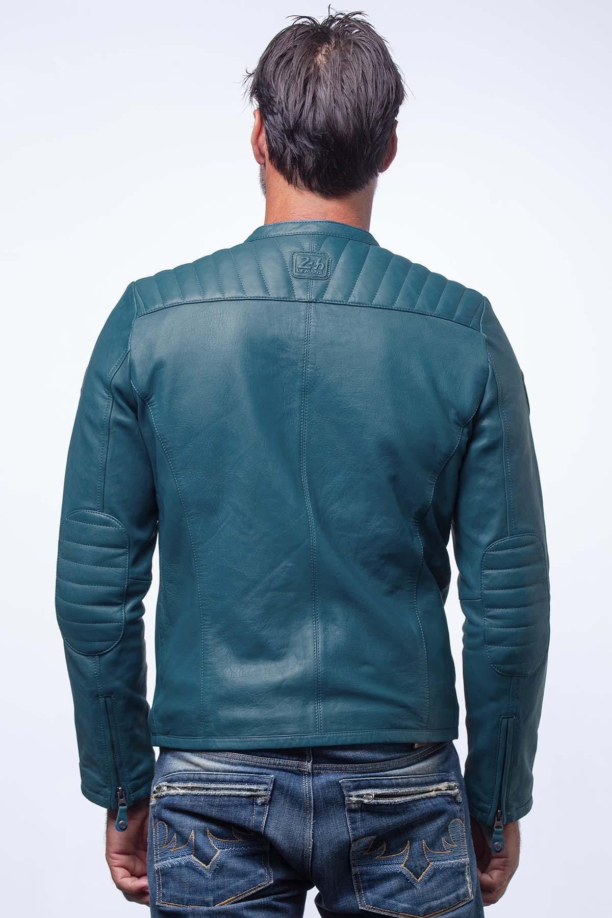 Lambskin biker jacket: royal blue, orange details, quilted shoulders. - Image n°3