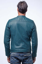 Lambskin biker jacket: royal blue, orange details, quilted shoulders. - Image n°3