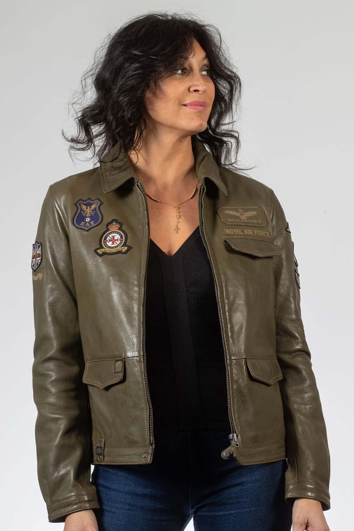 Dark khaki sheep leather jacket with shirt collar. Suits all figures. - Image n°1