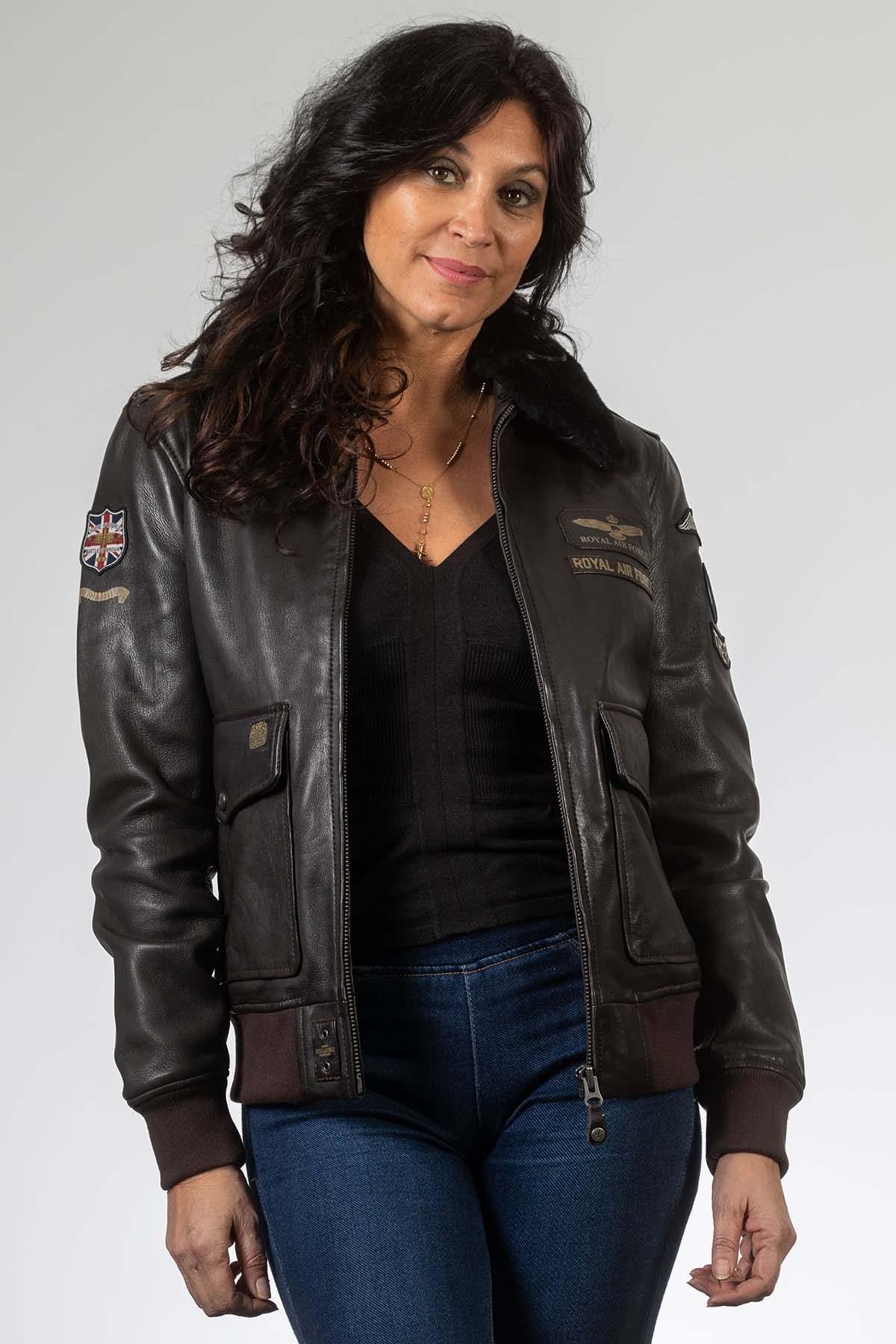 Dark brown sheepskin aviator jacket, RAF-inspired, soft and timeless. - Image n°1