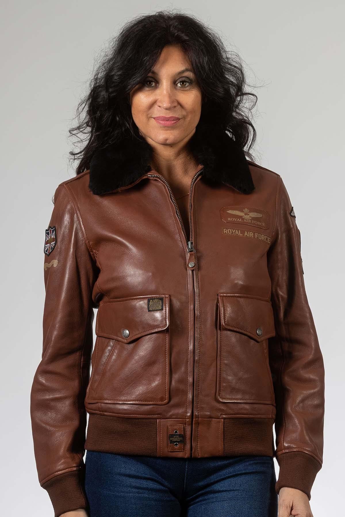Tortoise brown leather bomber jacket with patches - Image n°3
