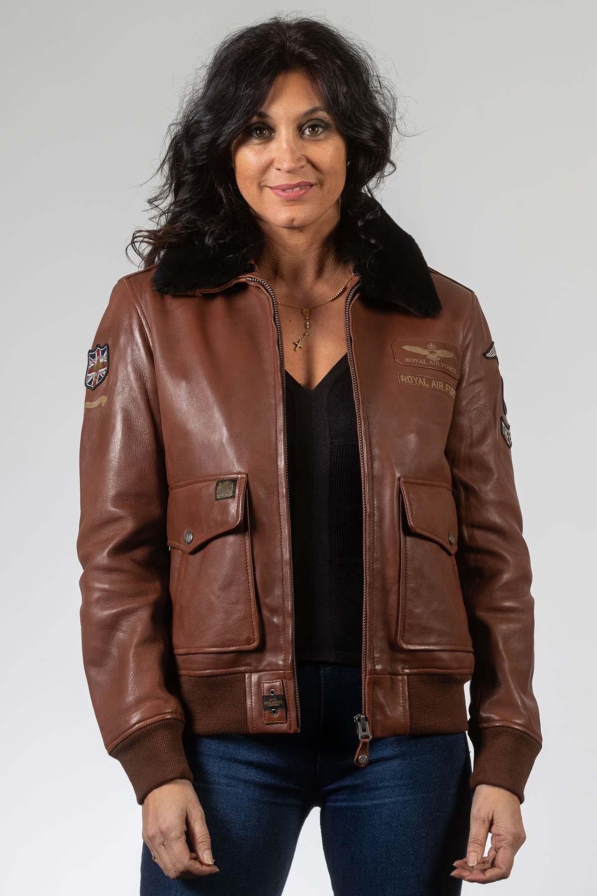 RAF-style tortoiseshell sheepskin bomber with a fur-trimmed collar. - Image n°1