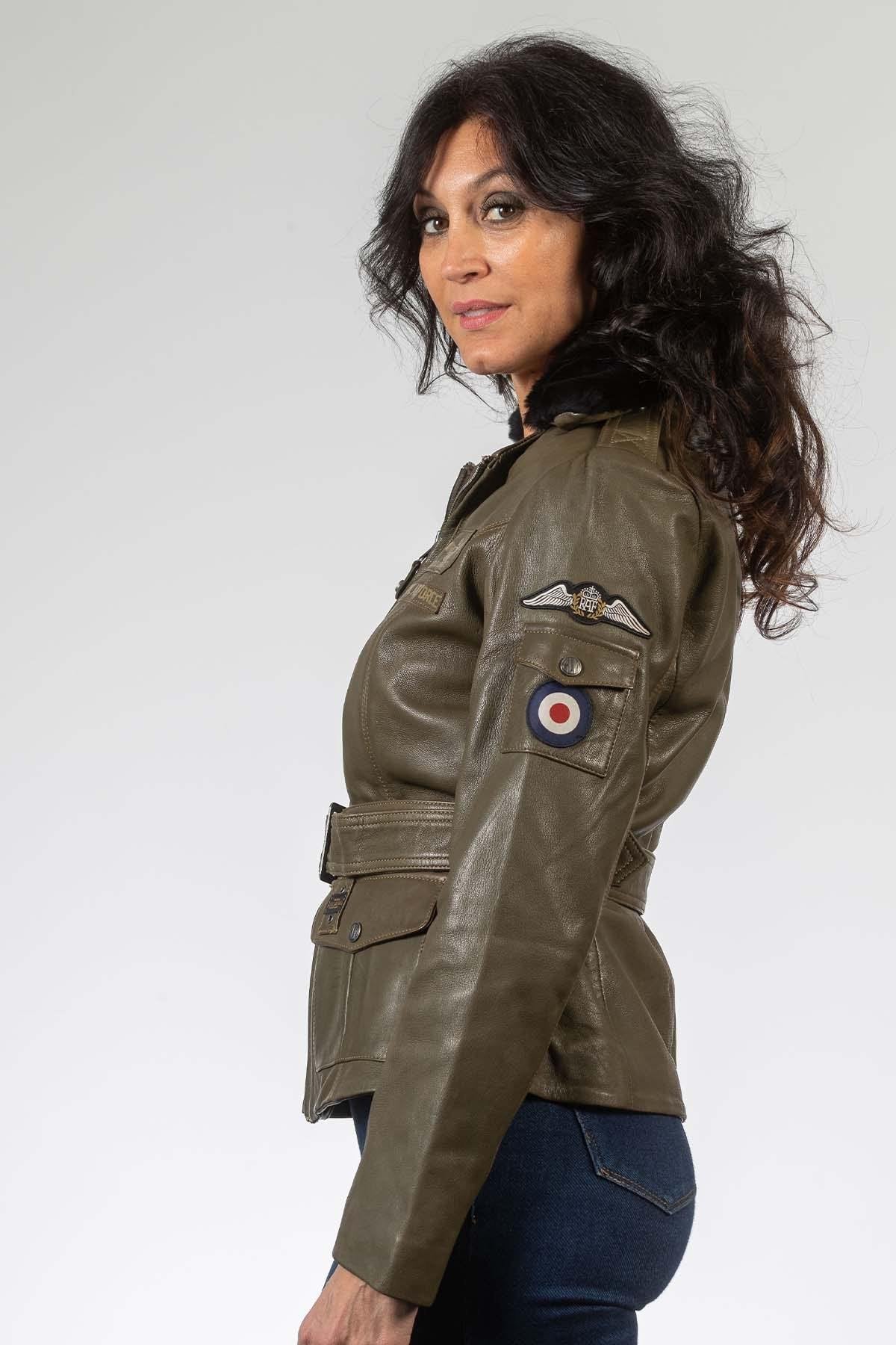 RAF Spitfire-inspired dark kaki sheepskin jacket, vintage and elegant. - Image n°3
