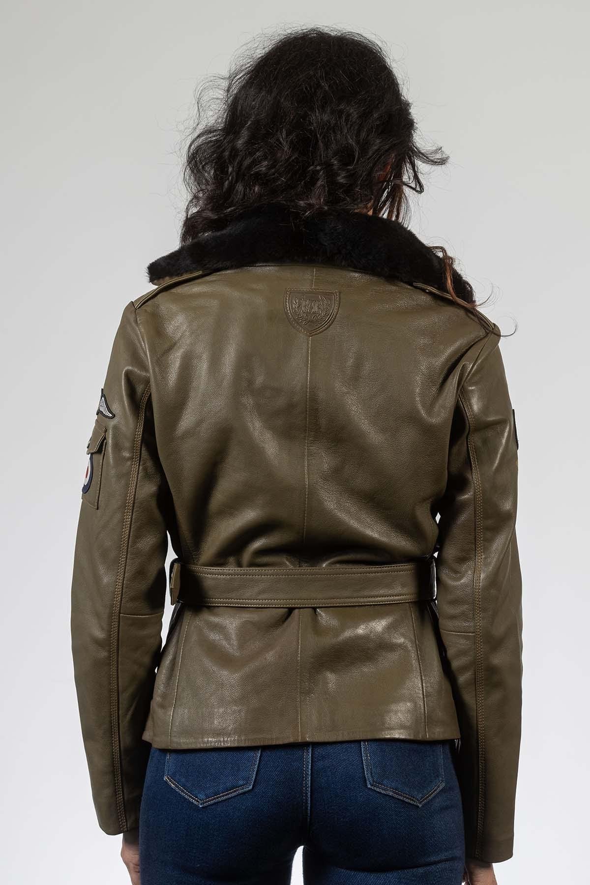 RAF Spitfire-inspired dark kaki sheepskin jacket, vintage and elegant. - Image n°4