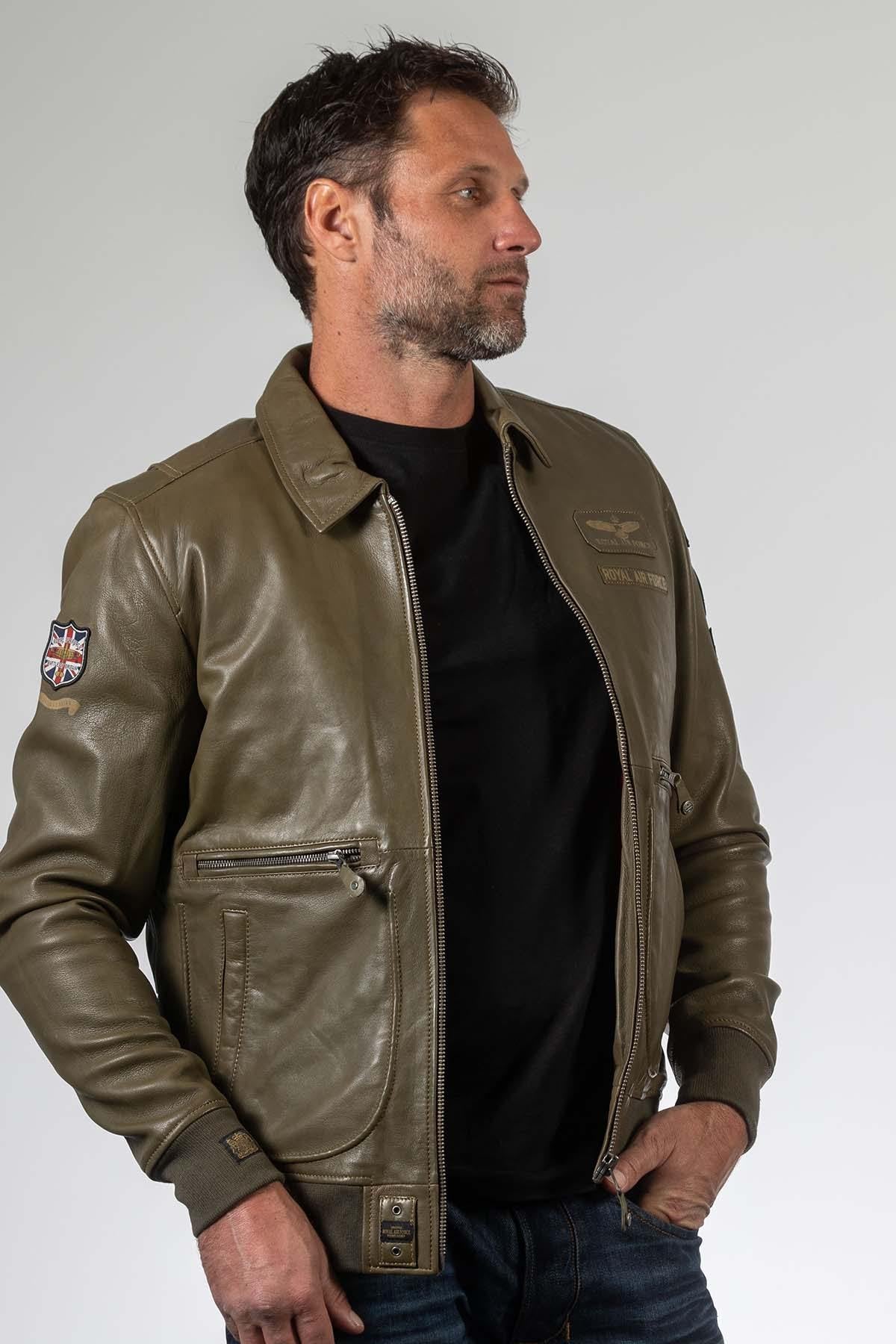 RAF-licensed dark khaki sheepskin jacket, timeless and versatile. - Image n°1