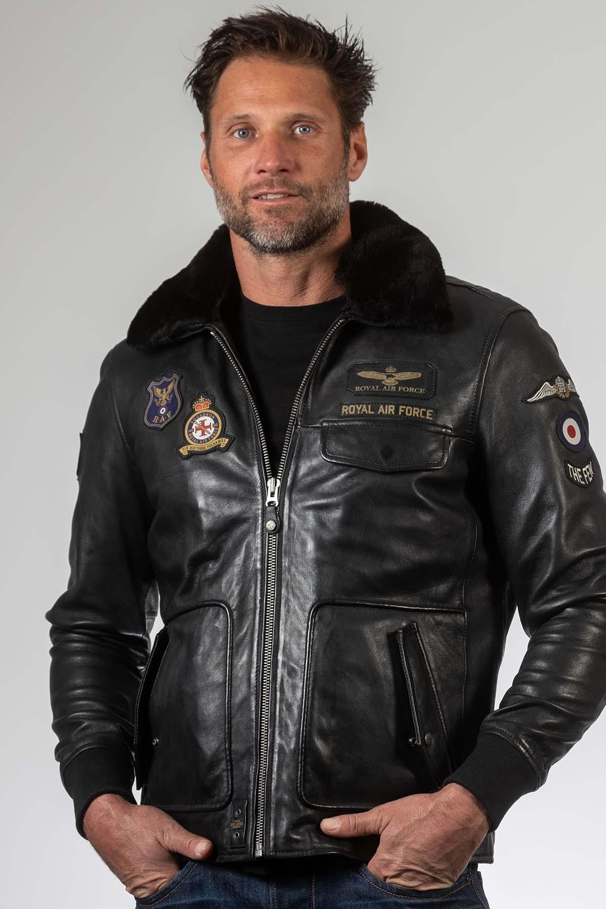 Black RAF-inspired sheepskin jacket with seven patches and fur collar. - Image n°2