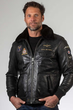 Black RAF-inspired sheepskin jacket with seven patches and fur collar. - Image n°2