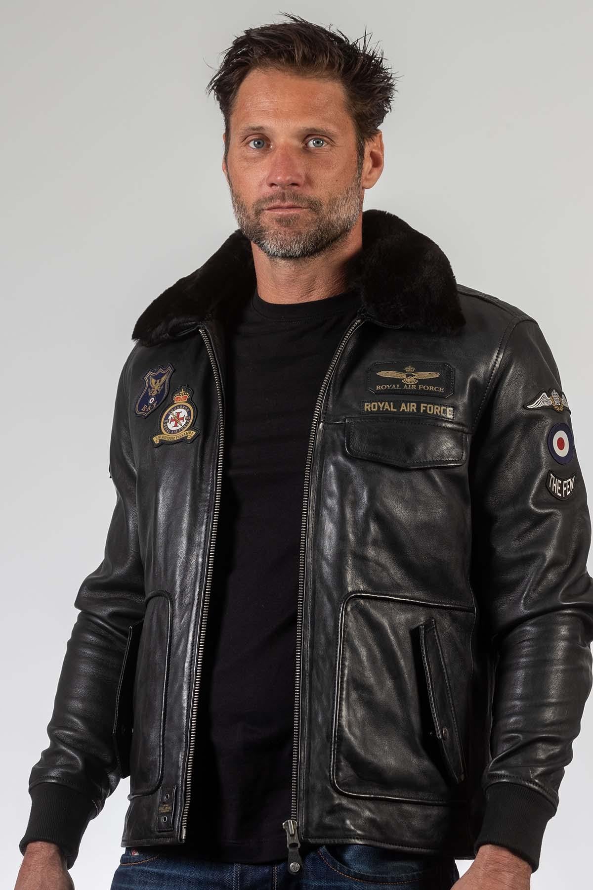 Black RAF-inspired sheepskin jacket with seven patches and fur collar. - Image n°4