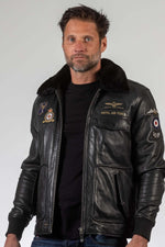 Black RAF-inspired sheepskin jacket with seven patches and fur collar. - Image n°4