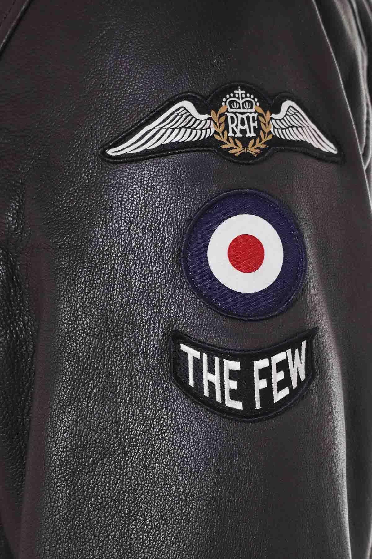 Dark brown sheepskin aviator jacket with RAF insignias and fur collar. - Image n°10