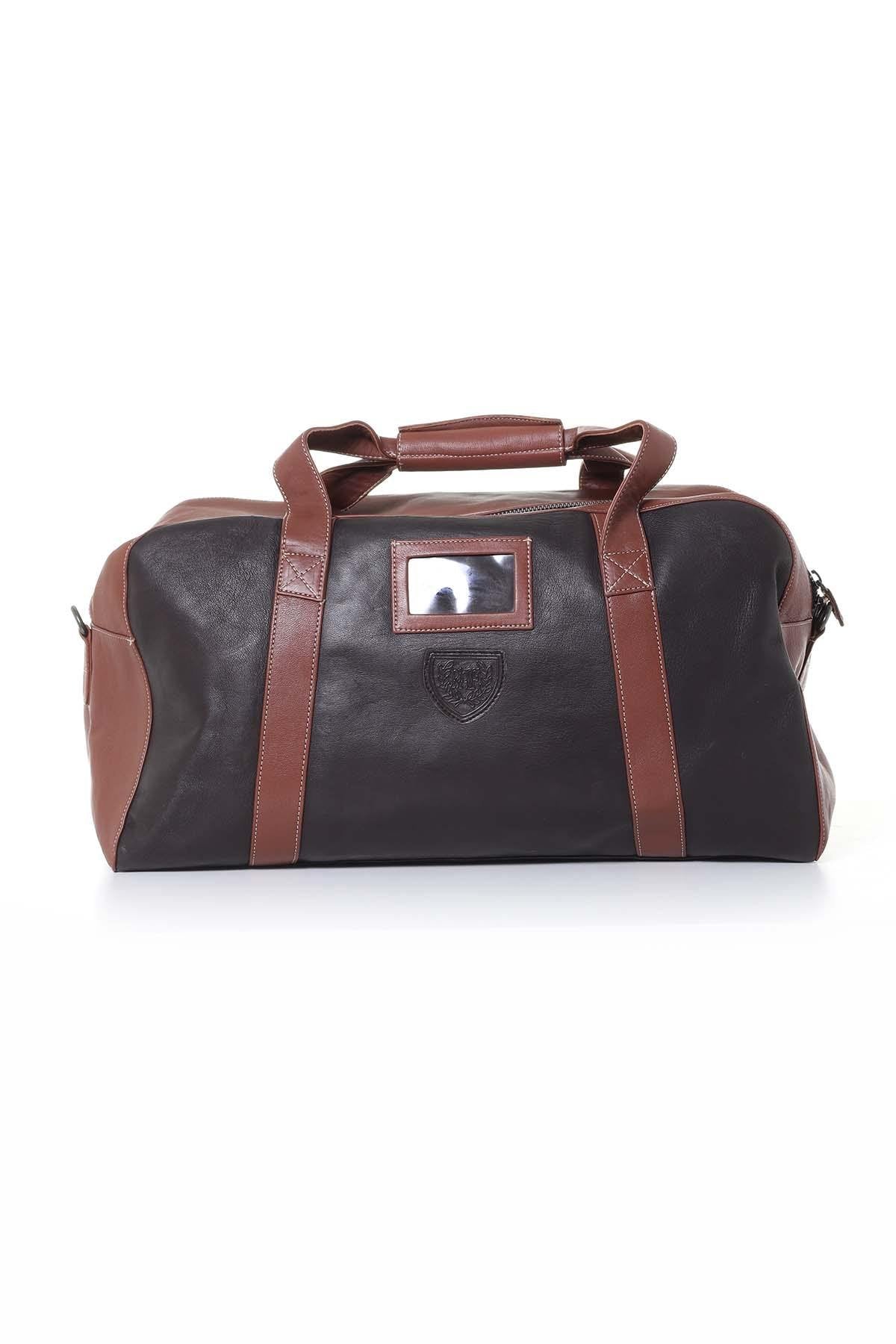 Dark brown leather travel bag with patches - Image n°4