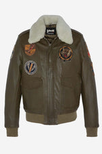 Khaki leather bomber jacket with patches - Image n°1