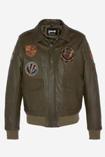 Khaki leather bomber jacket with patches - Image n°5