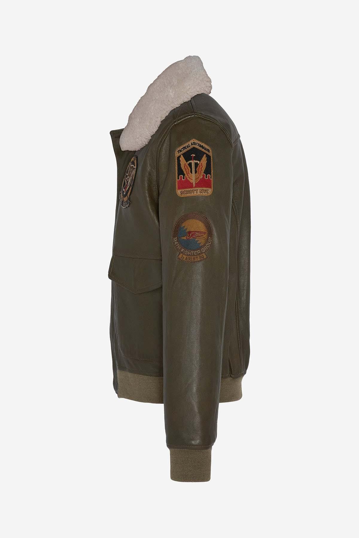 Khaki leather bomber jacket with patches - Image n°4